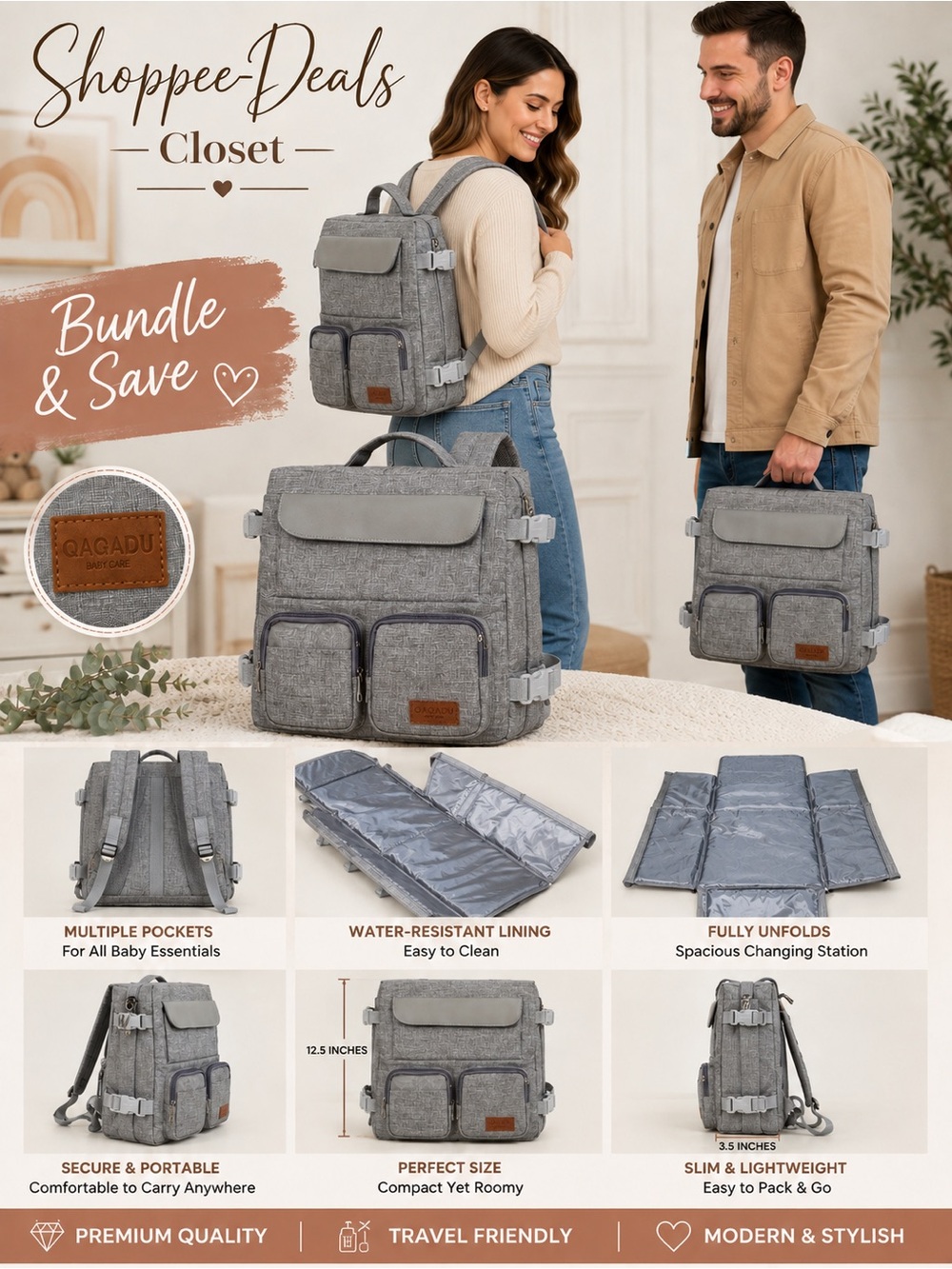 QAQADU Baby Care Portable Changing Pad / Diaper Clutch – Gray